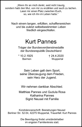 Traueranzeige von Kurt Pannes von trauer.wuppertaler-rundschau.de