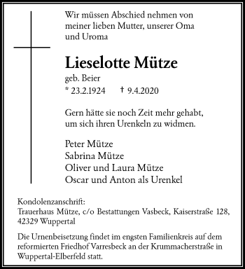 Traueranzeige von Lieselotte Mütze von trauer.wuppertaler-rundschau.de