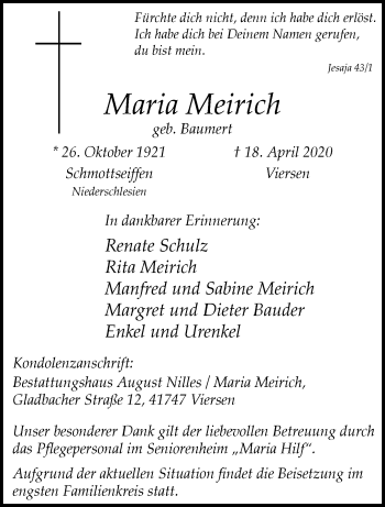 Traueranzeige von Maria Meirich von trauer.extra-tipp-moenchengladbach.de