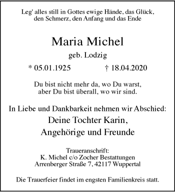 Traueranzeige von Maria Michel von trauer.wuppertaler-rundschau.de