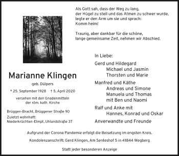 Traueranzeige von Marianne Klingen von trauer.extra-tipp-moenchengladbach.de