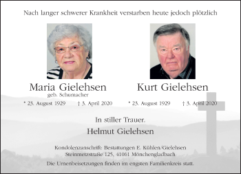 Traueranzeige von Maria und Kurt Gielehsen von trauer.extra-tipp-moenchengladbach.de