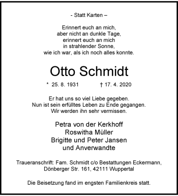 Traueranzeige von Otto Schmidt von trauer.wuppertaler-rundschau.de
