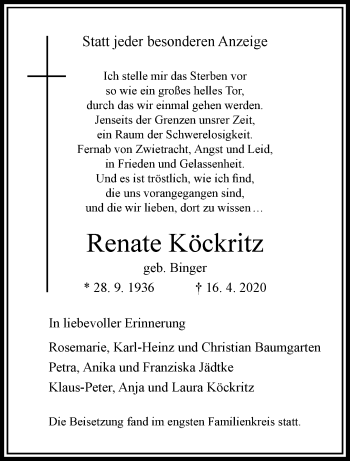 Traueranzeige von Renate Köckritz von trauer.wuppertaler-rundschau.de
