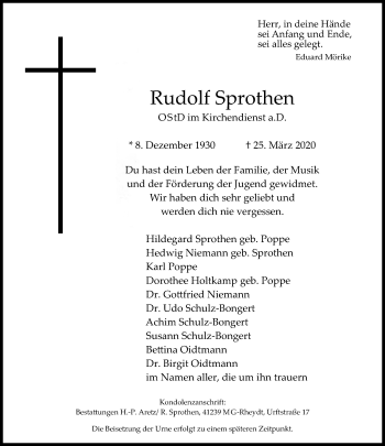 Traueranzeige von Rudolf Sprothen von trauer.extra-tipp-moenchengladbach.de
