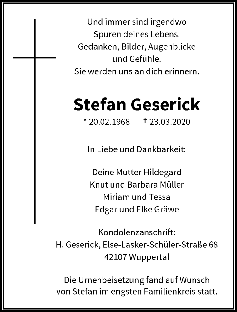  Traueranzeige für Stefan Geserick vom 18.04.2020 aus trauer.wuppertaler-rundschau.de