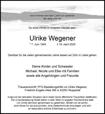 Traueranzeige von Ulrike Wegener von trauer.wuppertaler-rundschau.de