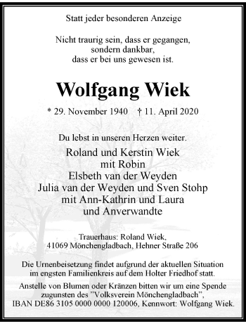 Traueranzeige von Wolfgang Wiek von trauer.extra-tipp-moenchengladbach.de