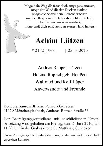 Traueranzeige von Achim Lützen von trauer.extra-tipp-moenchengladbach.de