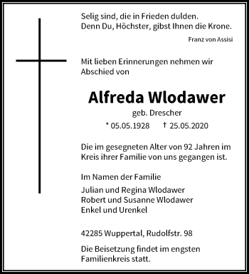 Traueranzeige von Alfreda Wlodawer von trauer.wuppertaler-rundschau.de