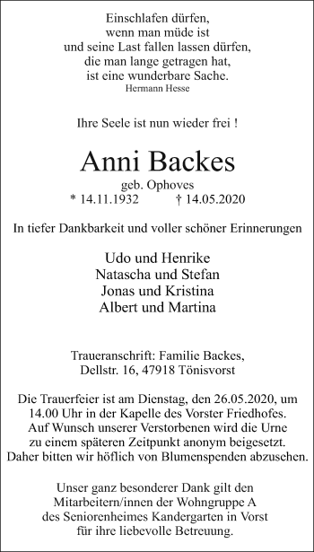Traueranzeige von Anni Backes von trauer.extra-tipp-moenchengladbach.de
