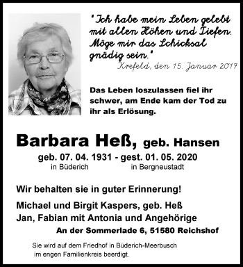 Traueranzeige von Barbara Heß von trauer.mein.krefeld.de