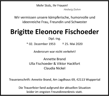 Traueranzeige von Brigitte Eleonore Fischoeder von trauer.wuppertaler-rundschau.de