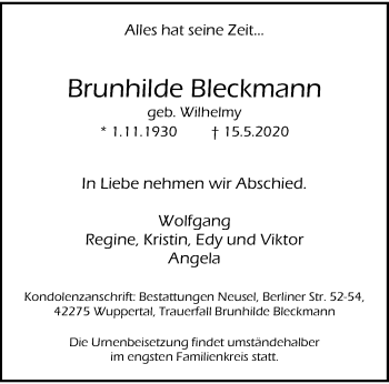 Traueranzeige von Brunhilde Bleckmann von trauer.wuppertaler-rundschau.de