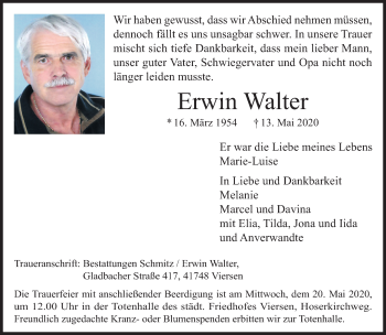 Traueranzeige von Erwin Walter von trauer.extra-tipp-moenchengladbach.de