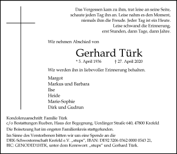 Traueranzeige von Gerhard Türk von trauer.mein.krefeld.de