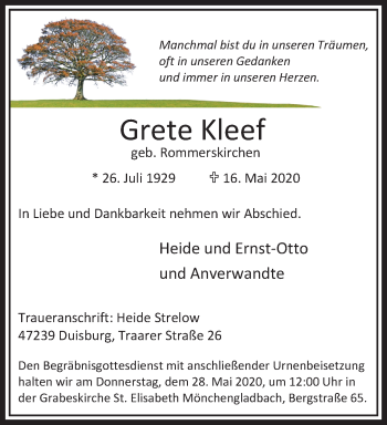 Traueranzeige von Grete Kleef von trauer.extra-tipp-moenchengladbach.de