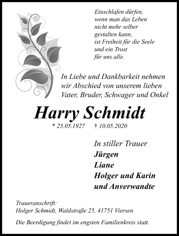 Traueranzeige von Harry Schmidt von trauer.extra-tipp-moenchengladbach.de