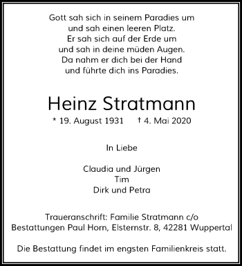 Traueranzeige von Heinz Stratmann von trauer.wuppertaler-rundschau.de