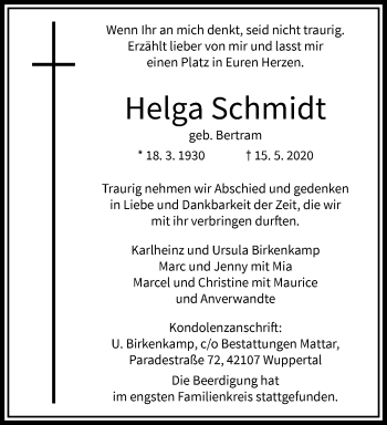 Traueranzeige von Helga Schmidt von trauer.wuppertaler-rundschau.de