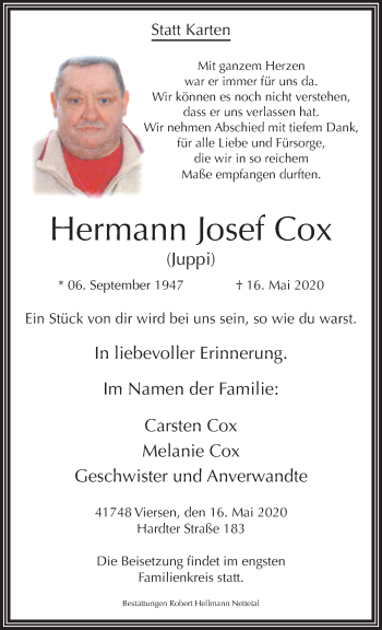 Traueranzeige von Hermann Josef Cox von trauer.extra-tipp-moenchengladbach.de