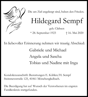Traueranzeige von Hildegard Sempf von trauer.extra-tipp-moenchengladbach.de