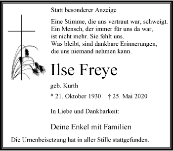 Traueranzeige von Ilse Freye von trauer.extra-tipp-moenchengladbach.de