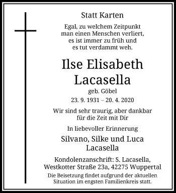 Traueranzeige von Ilse Elisabeth Lacasella von trauer.wuppertaler-rundschau.de