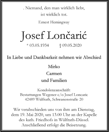 Traueranzeige von Josef Loncaric von trauer.wuppertaler-rundschau.de