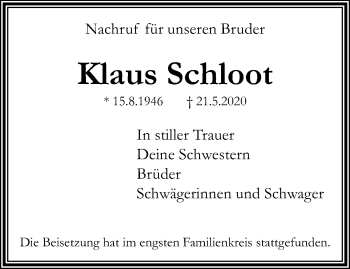Traueranzeige von Klaus Schloot von trauer.extra-tipp-moenchengladbach.de
