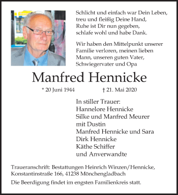 Traueranzeige von Manfred Hennicke von trauer.extra-tipp-moenchengladbach.de