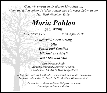 Traueranzeige von Maria Pohlen von trauer.extra-tipp-moenchengladbach.de