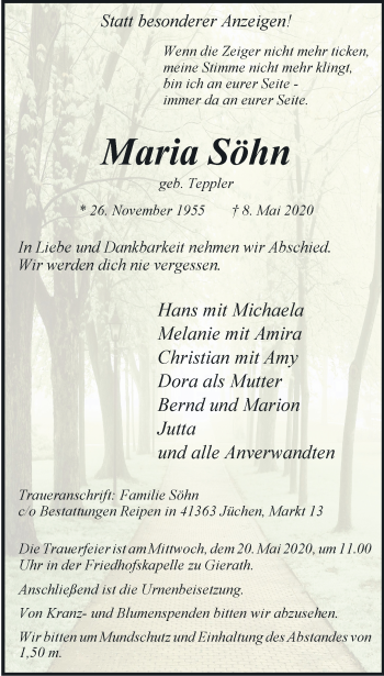 Traueranzeige von Maria Söhn von trauer.stadt-kurier.de