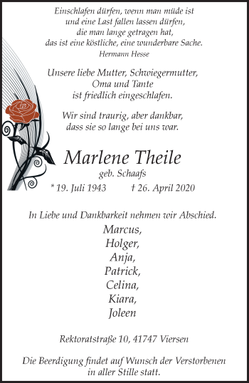 Traueranzeige von Marlene Theile von trauer.extra-tipp-moenchengladbach.de