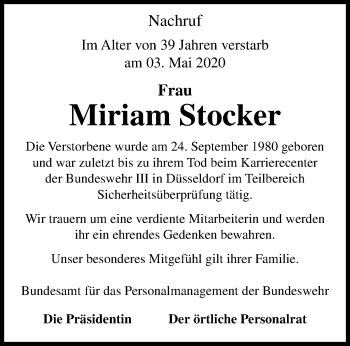 Traueranzeige von Miriam Stocker von trauer.extra-tipp-moenchengladbach.de