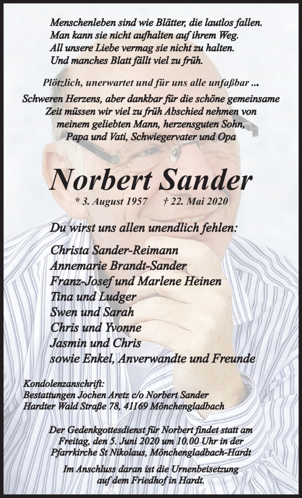  Traueranzeige für Norbert Sander vom 31.05.2020 aus trauer.extra-tipp-moenchengladbach.de
