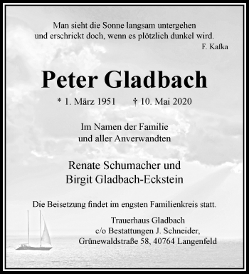 Traueranzeige von Peter Gladbach von trauer.wuppertaler-rundschau.de
