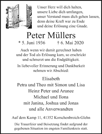 Traueranzeige von Peter Müllers von trauer.extra-tipp-moenchengladbach.de