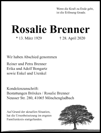 Traueranzeige von Rosalie Brenner von trauer.extra-tipp-moenchengladbach.de