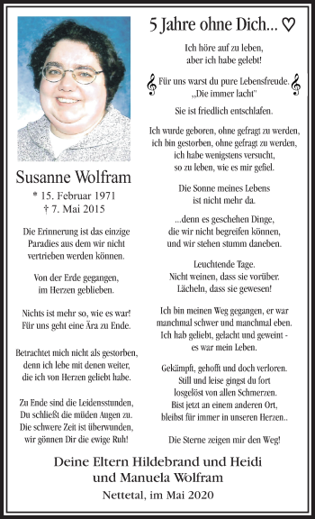 Traueranzeige von Susanne Wolfram von trauer.extra-tipp-moenchengladbach.de