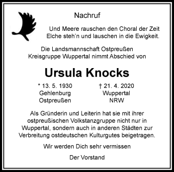Traueranzeige von Ursula Knocks von trauer.wuppertaler-rundschau.de