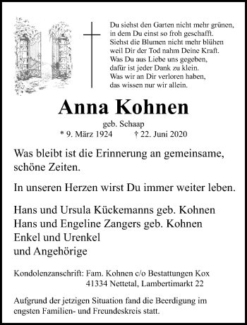 Traueranzeige von Anna Kohnen von trauer.extra-tipp-moenchengladbach.de