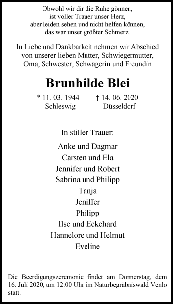 Traueranzeige von Brunhilde Blei von trauer.extra-tipp-moenchengladbach.de