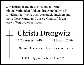 Traueranzeige von Christa Drengwitz von trauer.extra-tipp-moenchengladbach.de