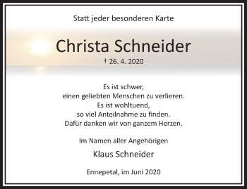 Traueranzeige von Christa Schneider von trauer.wuppertaler-rundschau.de