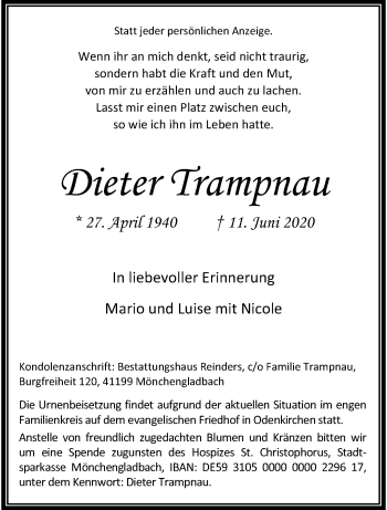 Traueranzeige von Dieter Trampnau von trauer.extra-tipp-moenchengladbach.de