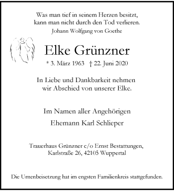 Traueranzeige von Elke Grünzner von trauer.wuppertaler-rundschau.de