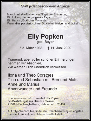 Traueranzeige von Elly Popken von trauer.extra-tipp-moenchengladbach.de
