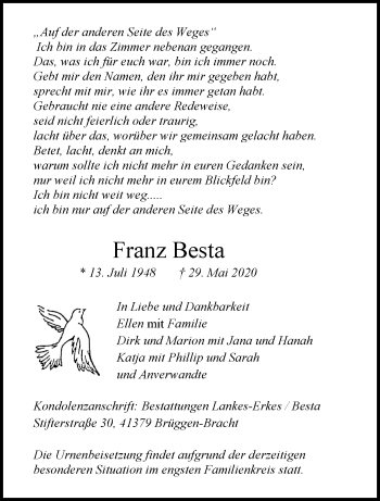 Traueranzeige von Franz Besta von trauer.extra-tipp-moenchengladbach.de