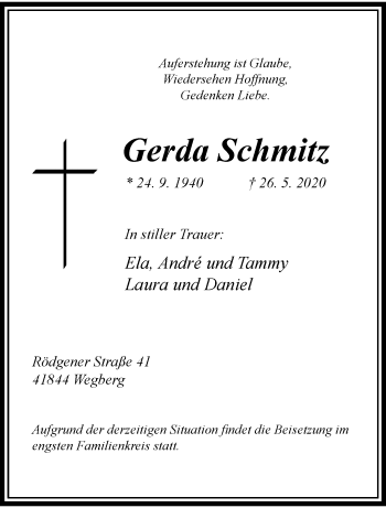 Traueranzeige von Gerda Schmitz von trauer.extra-tipp-moenchengladbach.de